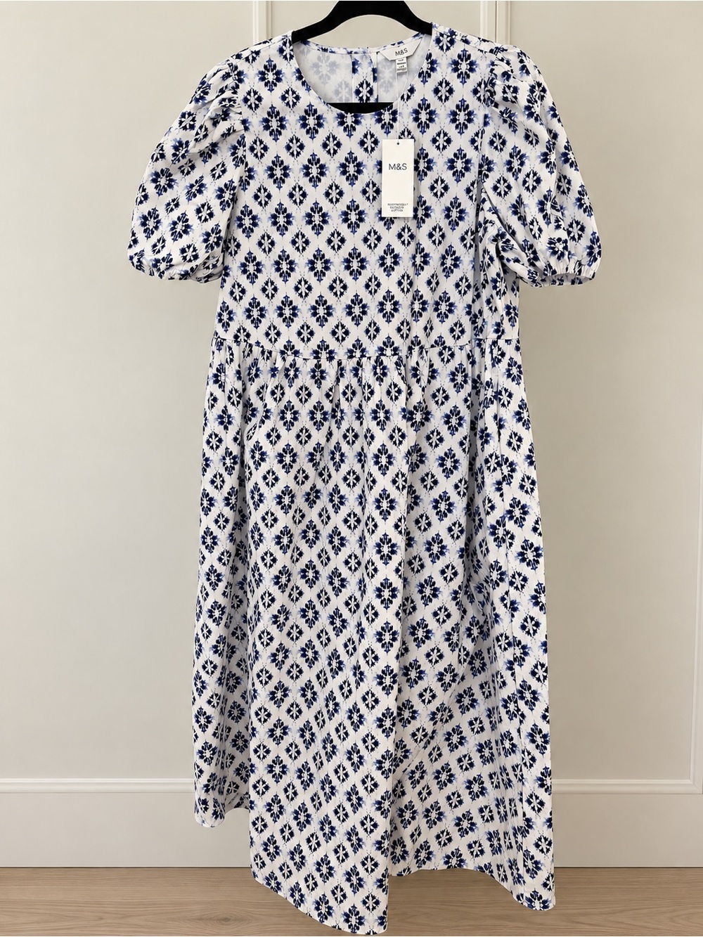 Marks & Spencer White Midi Dress with Navy Geometric Print